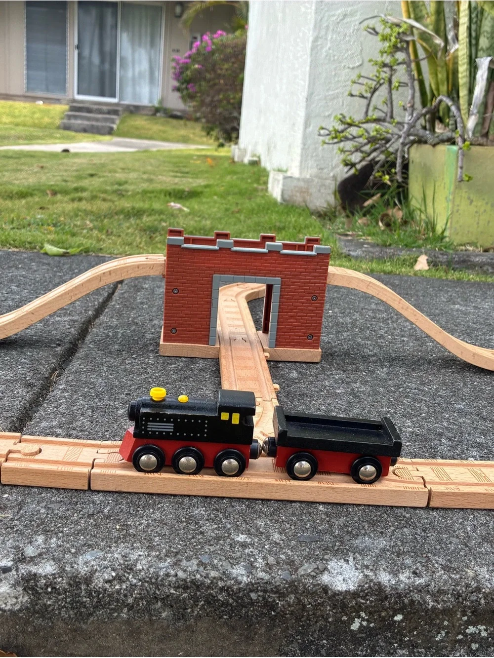 Wooden Train Tunnel Playset - Natural Wood with Gray Accents